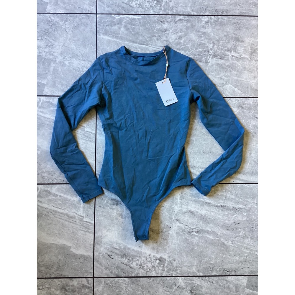 Quince Women Organic Cotton Stretch Long Sleeve Crew Neck Bodysuit Blue XS NEW
